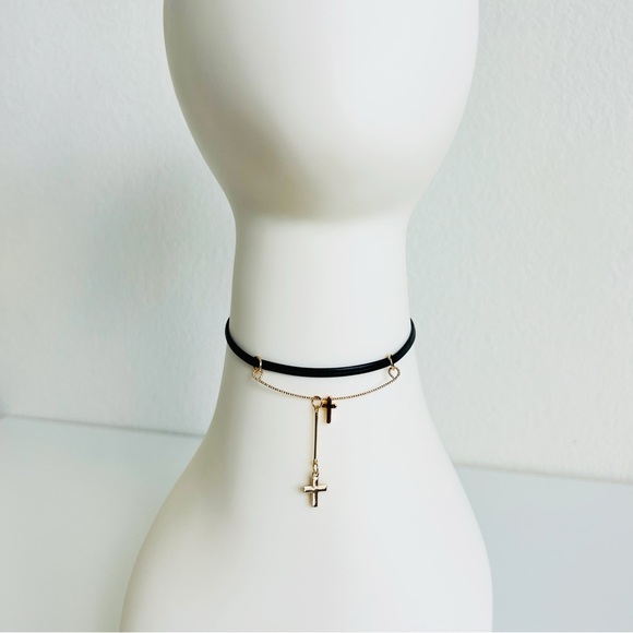 Black Leather Gold Bar Double Cross Slider Minimalist Choker Necklace - Picture 1 of 6